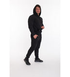 Juodos spalvos laisvalaikio džemperis vyrams DONIS. Džemperis su gobtuvu ir kišene
